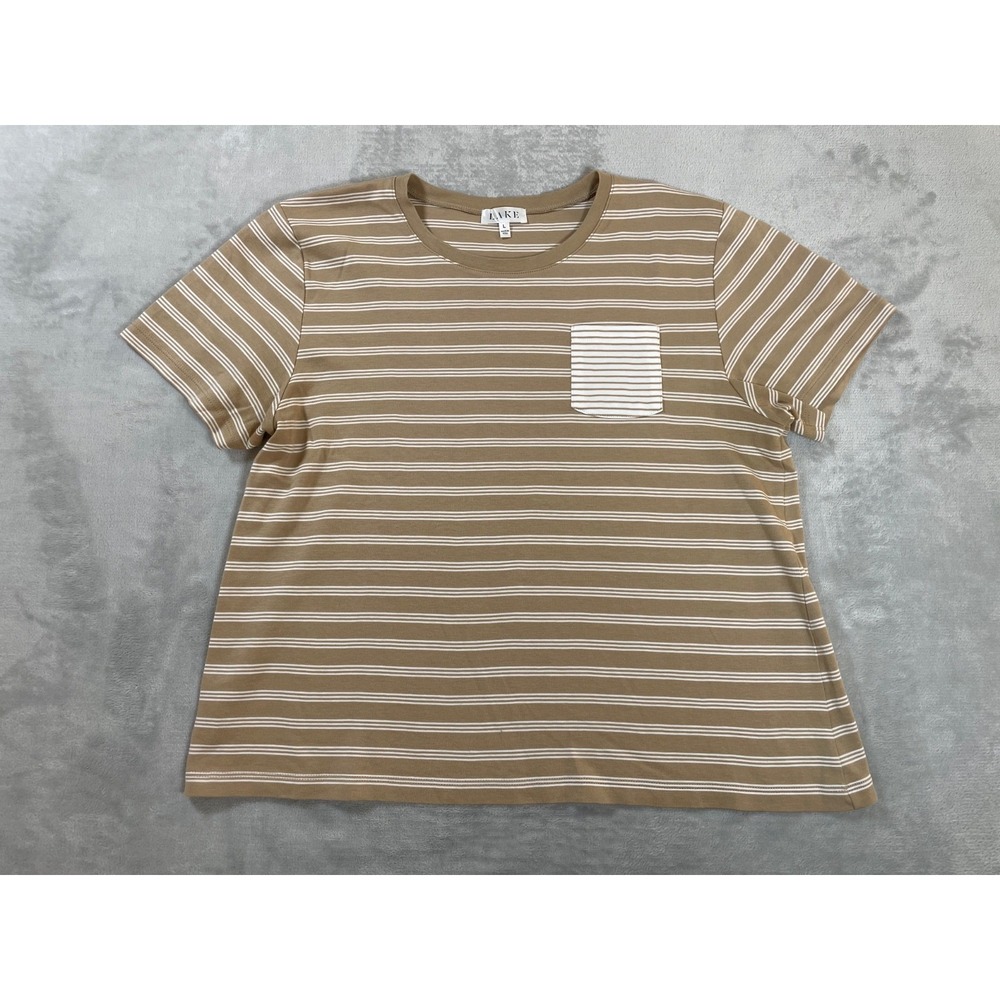 Lake Pajamas Pima Cotton Top Women L Beige Stripe Short Sleeve Crewneck Pocket